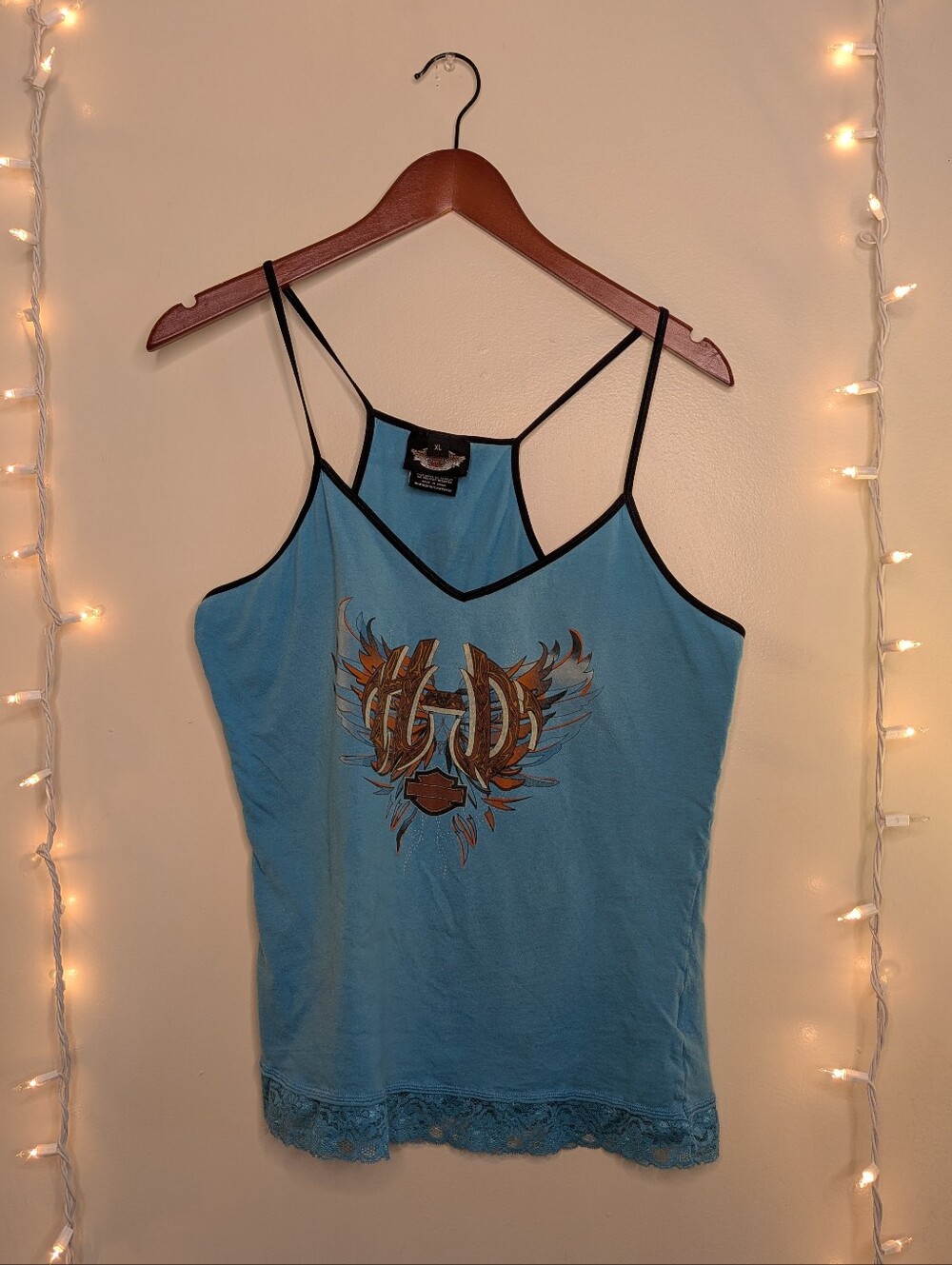 Y2K Harley-Davidson Blue Lace Cami with Winged Logo - Size XL